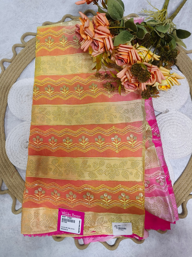 Vibrant Sunset Orange and Yellow Shimmer Saree with Sequin Details