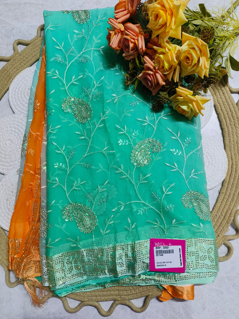 Enchanting Sea Green Georgette Saree with Paisley Embroidery and Stone Work