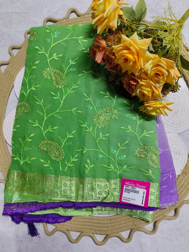 Enchanting Sea Green Georgette Saree with Paisley Embroidery and Stone Work