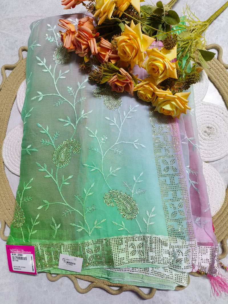 Enchanting Sea Green Georgette Saree with Paisley Embroidery and Stone Work
