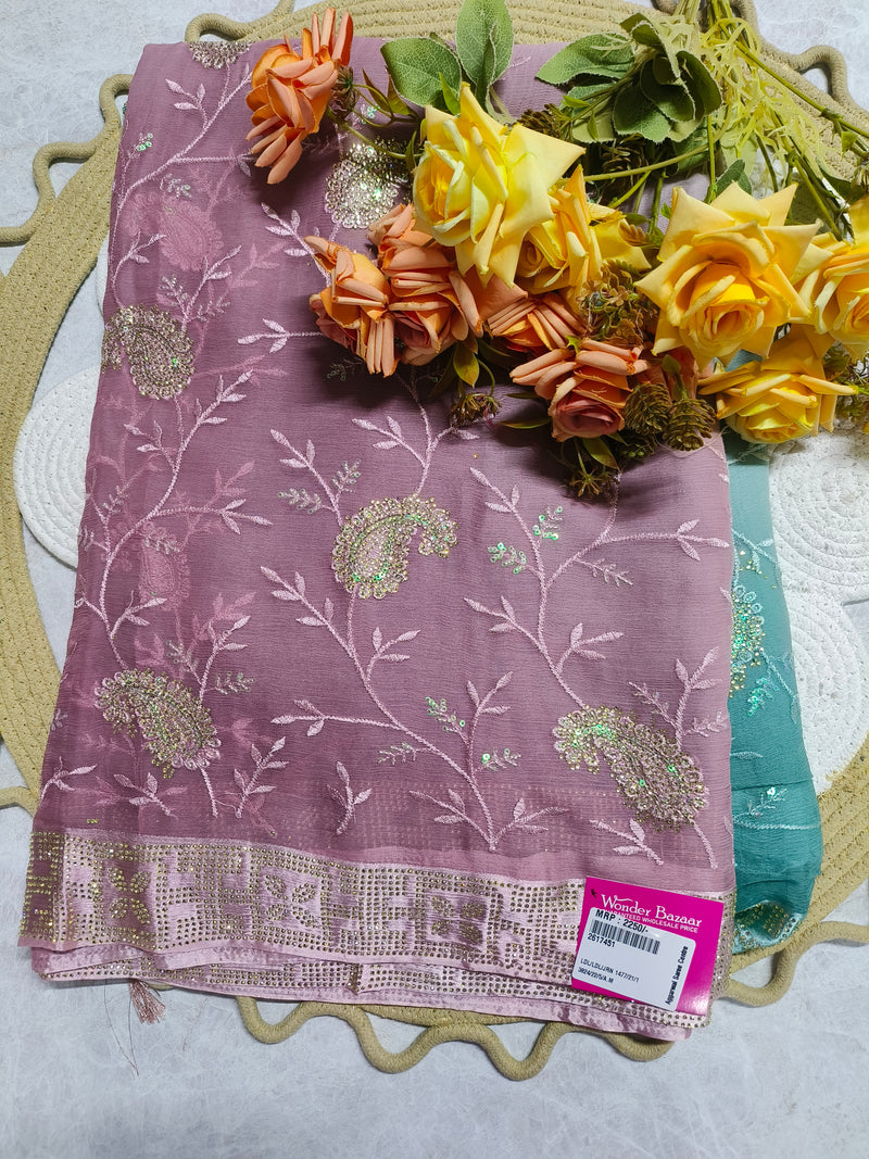 Enchanting Sea Green Georgette Saree with Paisley Embroidery and Stone Work