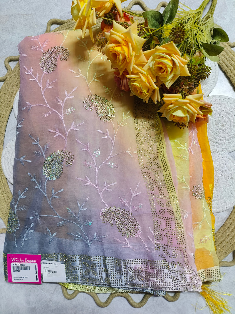 Enchanting Sea Green Georgette Saree with Paisley Embroidery and Stone Work