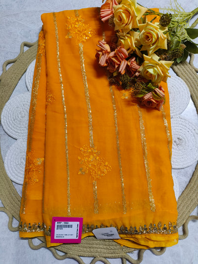 Radiant Mustard Yellow Chiffon Saree with Vertical Sequin Stripes