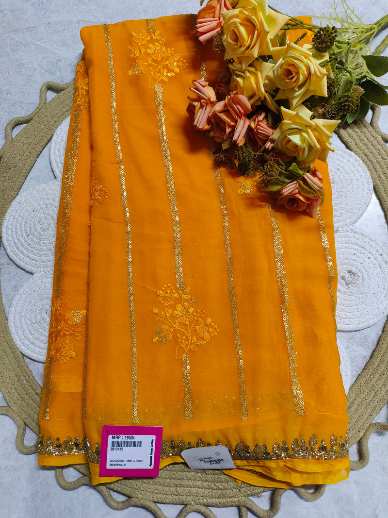 Radiant Mustard Yellow Chiffon Saree with Vertical Sequin Stripes