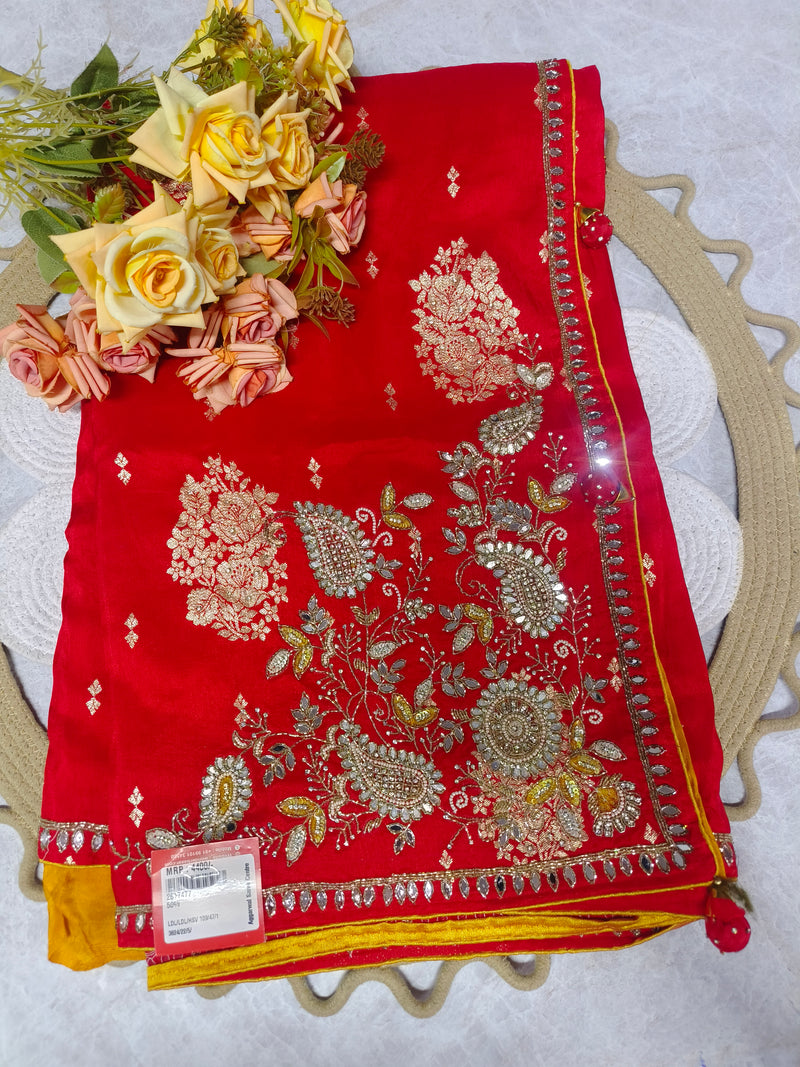 Elegant Red Silk Saree with Traditional Golden Zari and Mirror Embellishments
