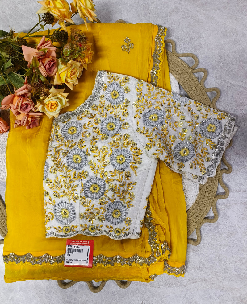 Classic Yellow Fancy Saree with Silver Floral Sequin Work