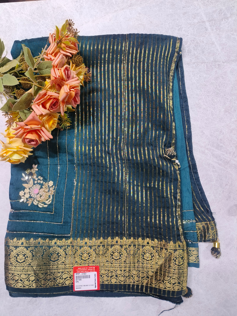 Midnight Teal Dola Silk Saree with Golden Striped Weave