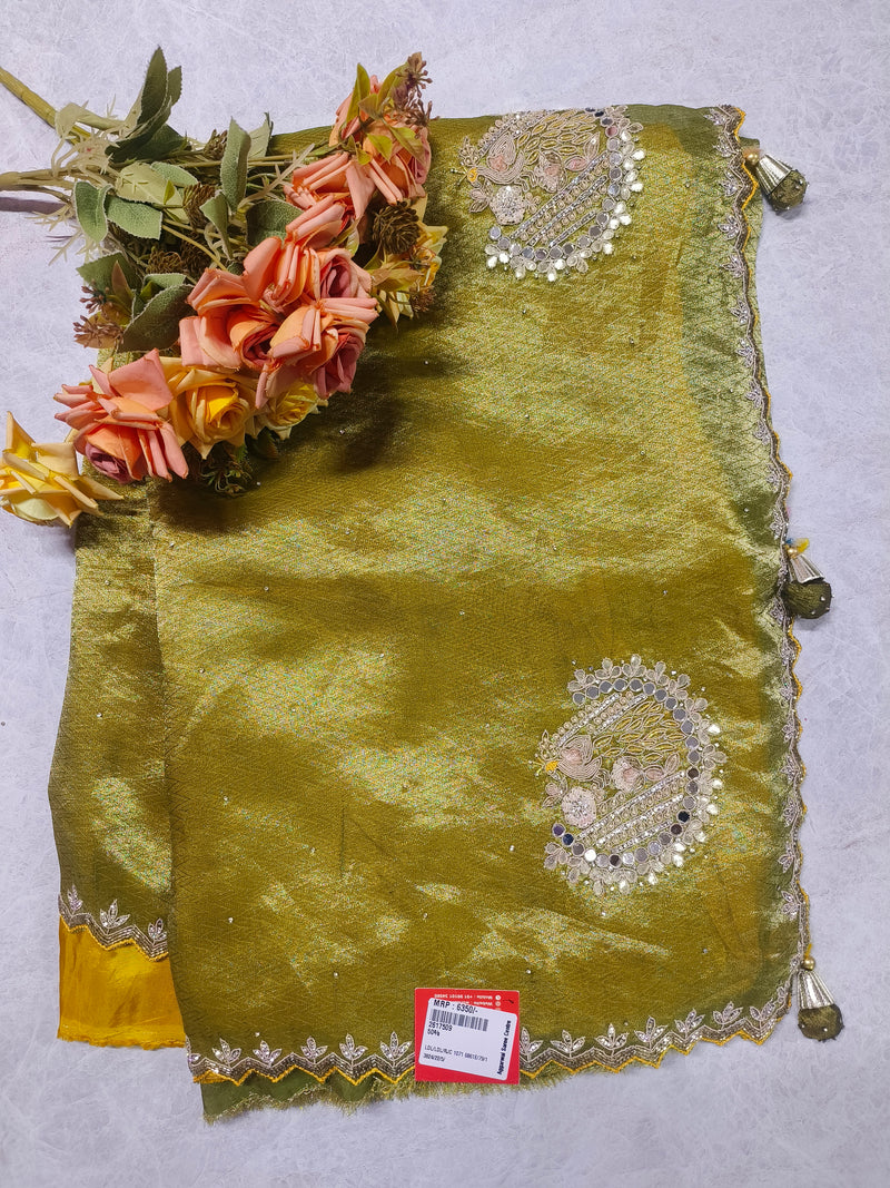 Olive Green Shimmer Dola Silk Saree with Mirror Embellishments