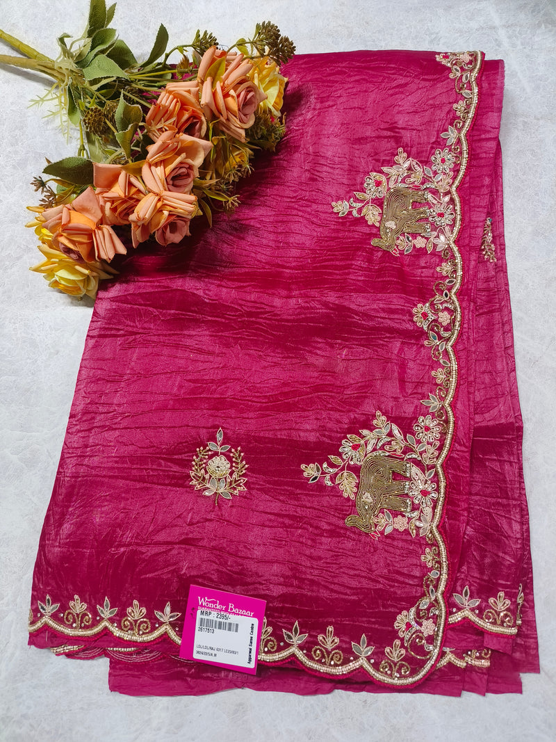 Majestic Magenta Crinkle Silk Saree with Golden Elephant Zari Border
