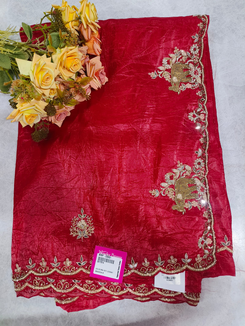 Majestic Magenta Crinkle Silk Saree with Golden Elephant Zari Border