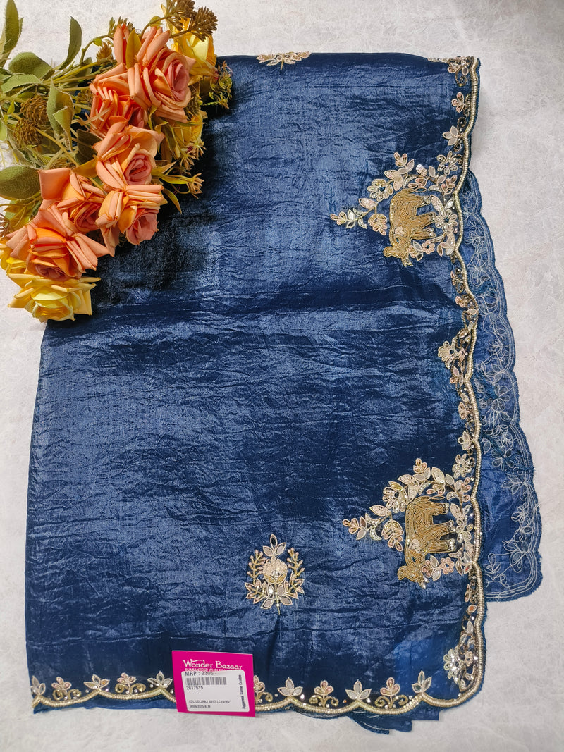 Majestic Magenta Crinkle Silk Saree with Golden Elephant Zari Border