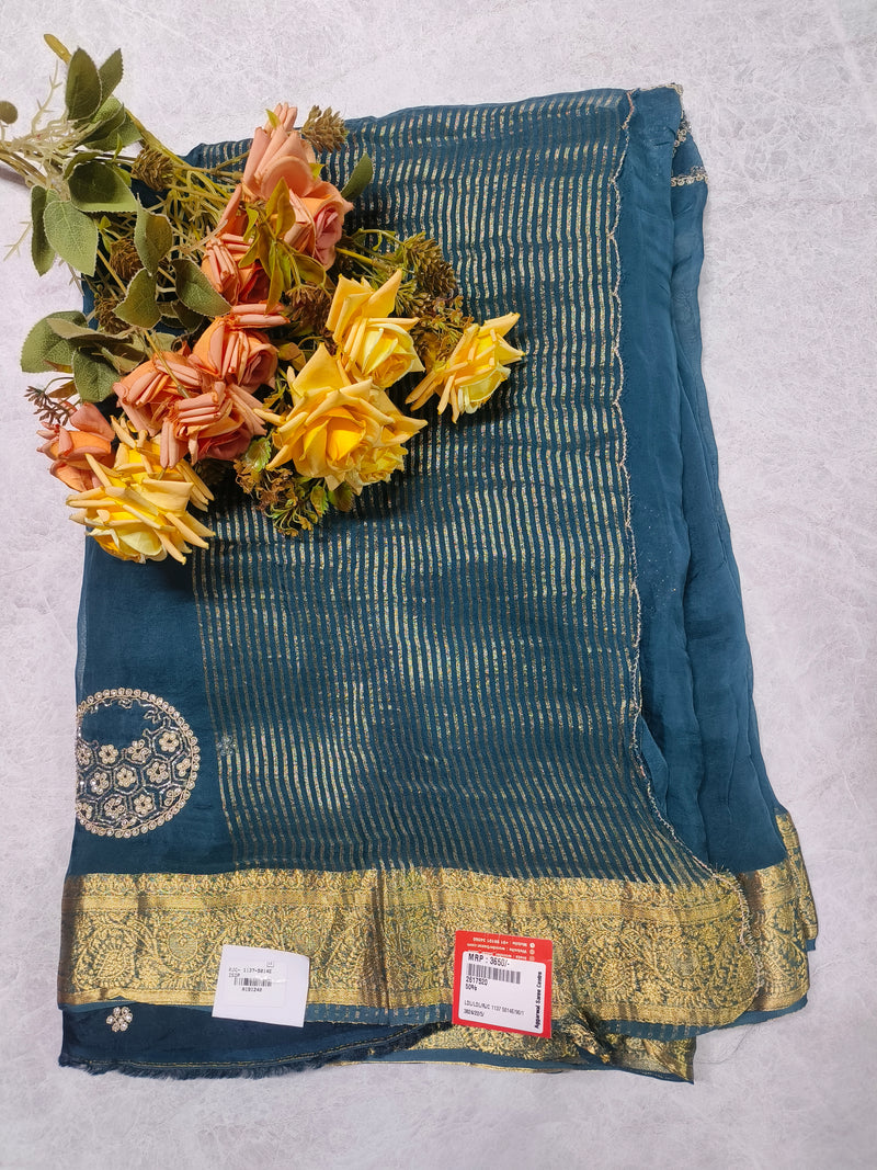 Elegant Teal Shimmer Saree with Traditional Gold Zari Border