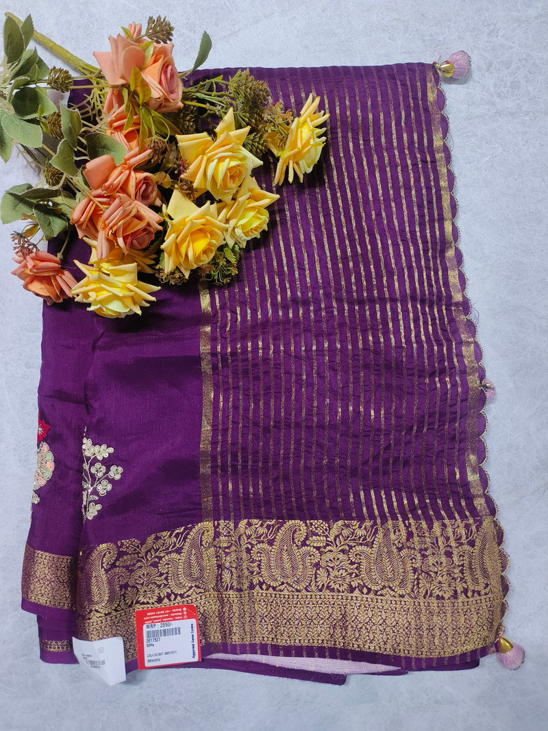 Stunning Royal Purple Embroidered Saree with Gold Paisley Border