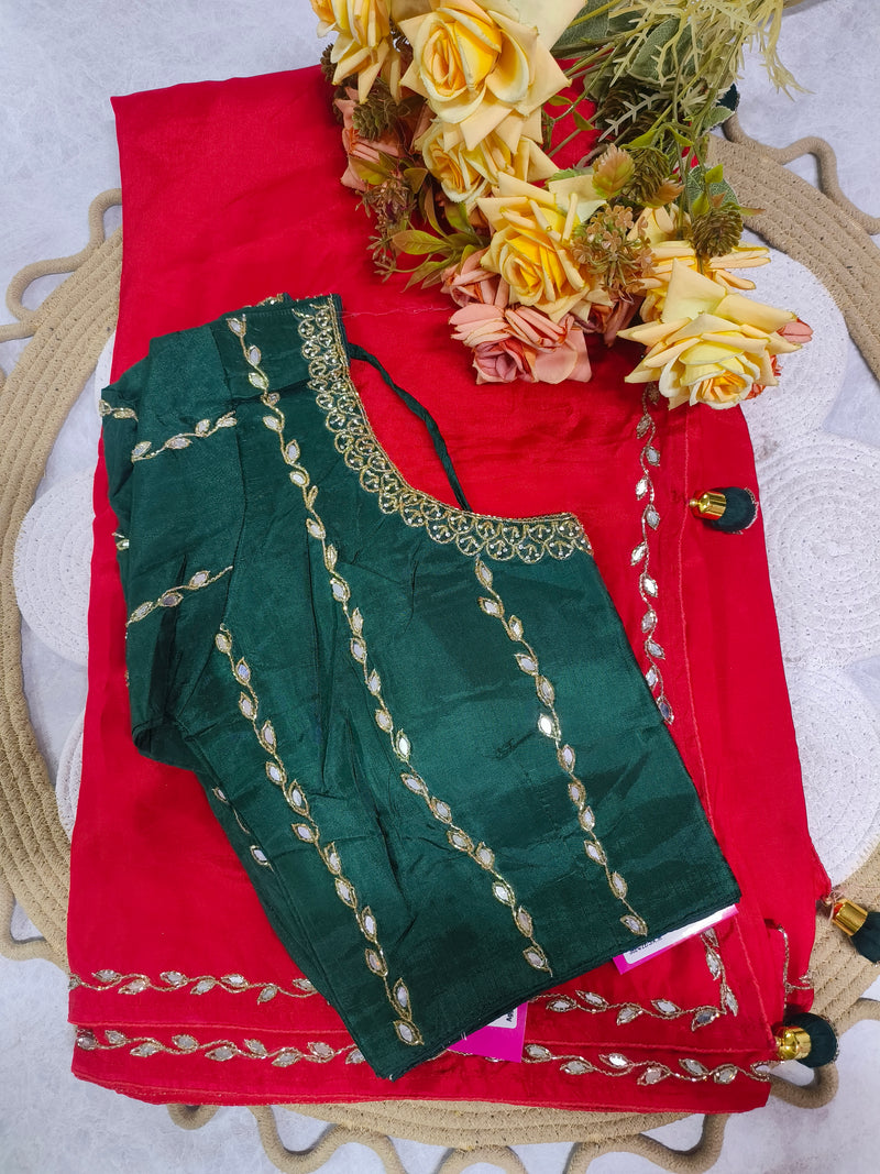 Classic Red Silk Saree with Contrast Green Embroidered Blouse