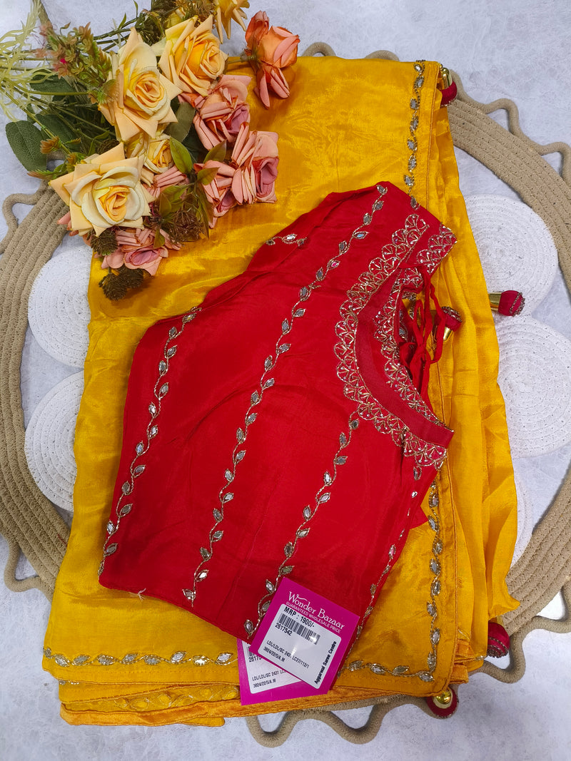 Classic Red Silk Saree with Contrast Green Embroidered Blouse