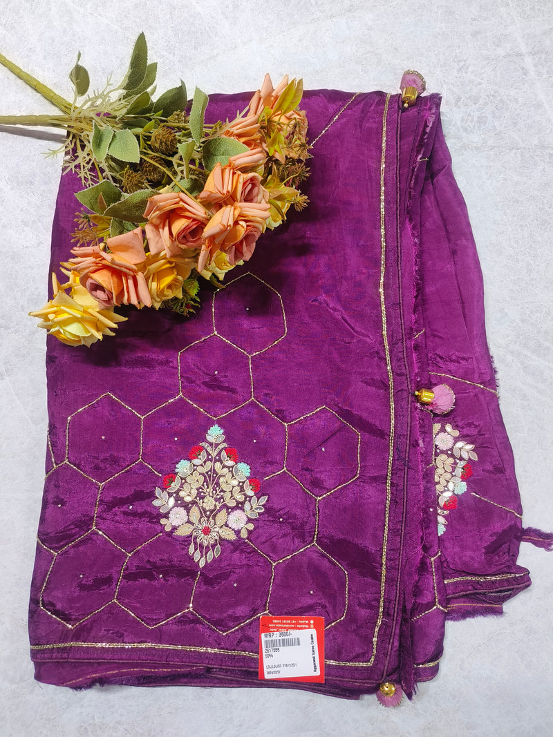 Luxurious Deep Purple Hexagon Pattern Saree with Floral Embroidery