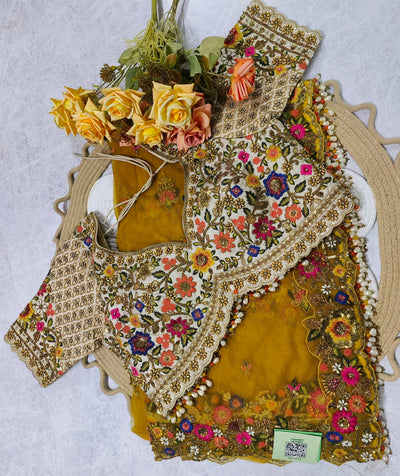 Exquisite Mustard Yellow Designer Saree with Multi-Color Floral Embroidery
