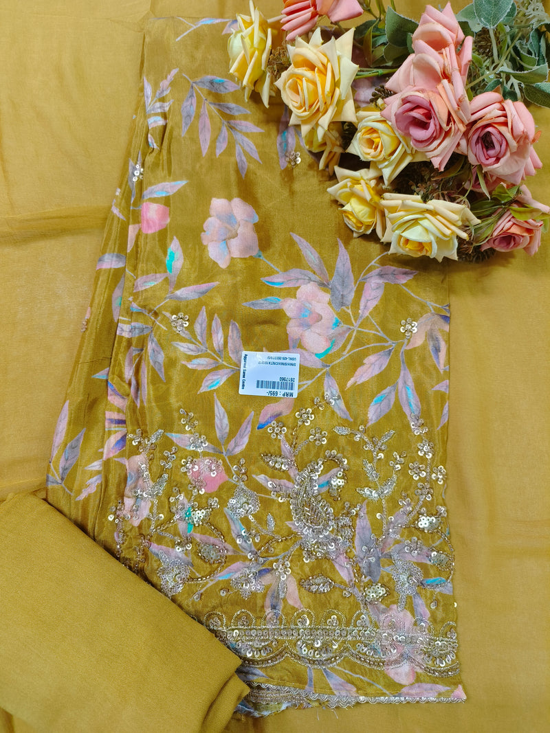 Dusty Mauve Floral Printed Crepe Suit with Intricate Gold Sequin Work