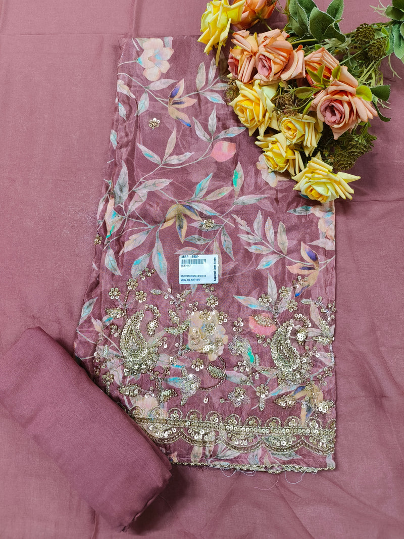 Dusty Mauve Floral Printed Crepe Suit with Intricate Gold Sequin Work