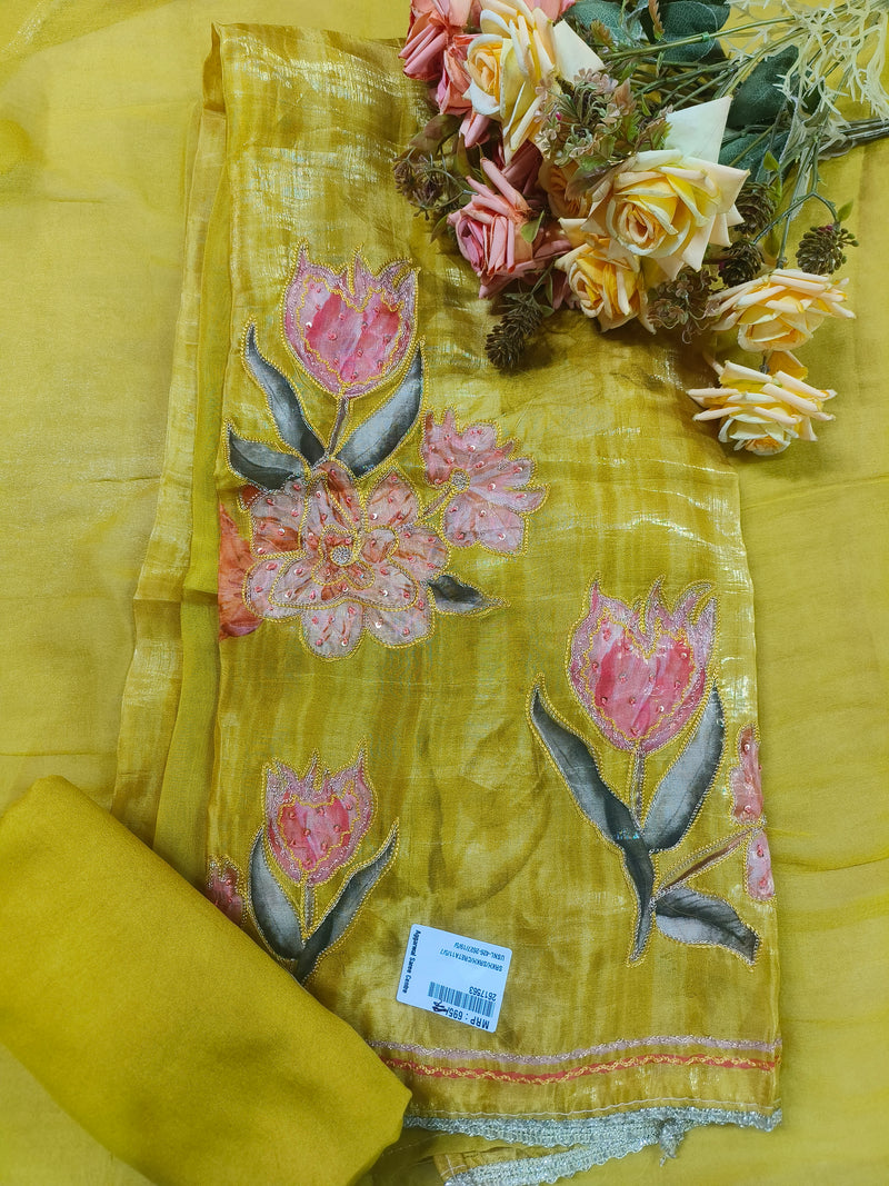 Sun-Kissed Yellow Unstitched Suit with Hand-Painted Floral Art