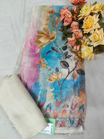 Ethereal Pastel Floral Watercolor Unstitched Suit with Stone Work