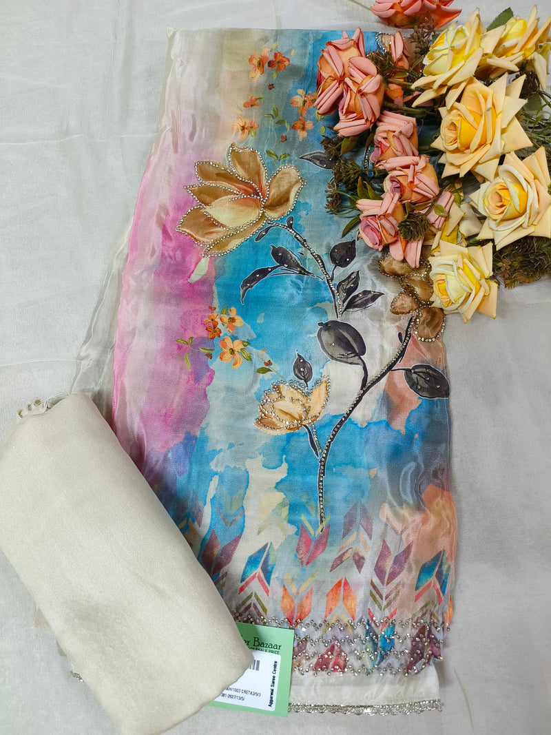 Ethereal Pastel Floral Watercolor Unstitched Suit with Stone Work