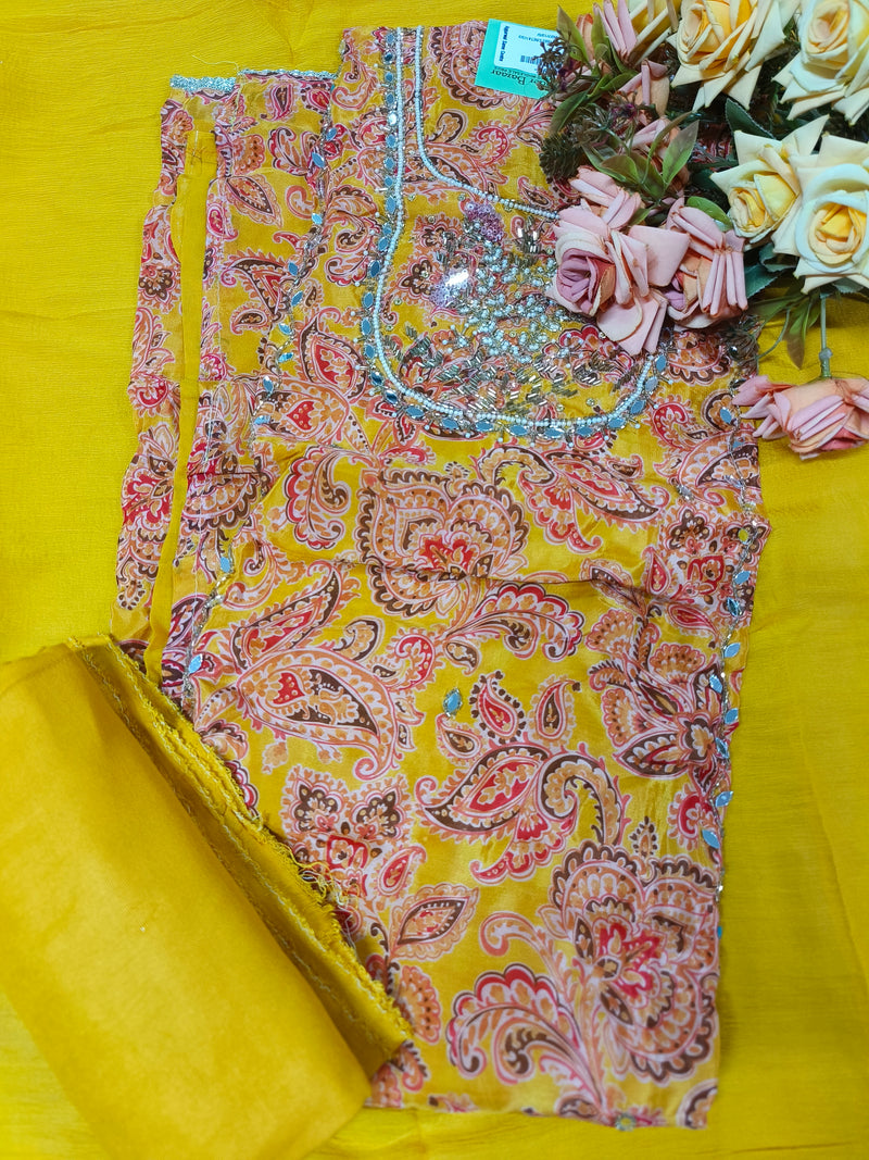 Glamorous Red Paisley Print Unstitched Suit with Mirror Neckline