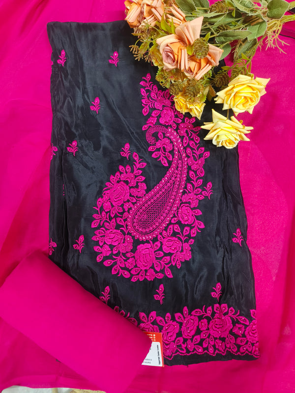 Chic Black and Pink Paisley Embroidered Suit Set