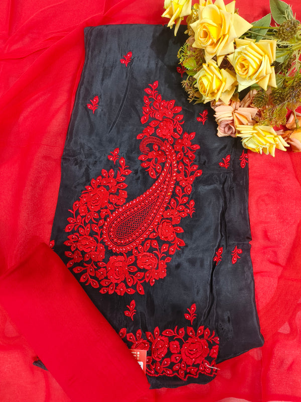 Chic Black and Pink Paisley Embroidered Suit Set