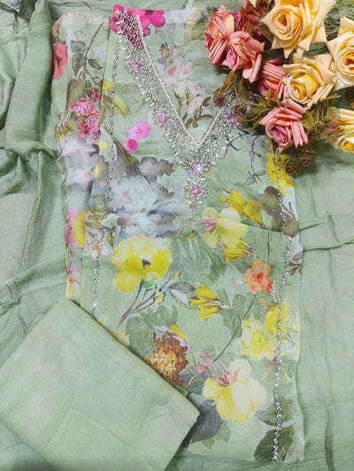 Ethereal Sage Green Floral Print Suit with Exquisite Sequined Neck