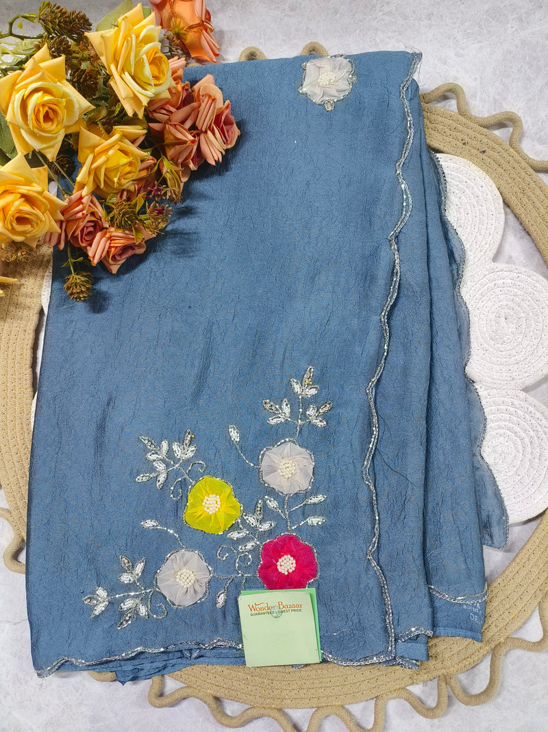Ethereal Dusty Blue Organza Saree with Floral Embroidery and Scalloped Border
