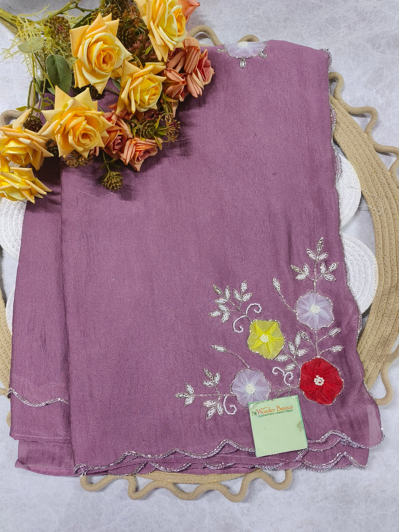 Ethereal Dusty Blue Organza Saree with Floral Embroidery and Scalloped Border