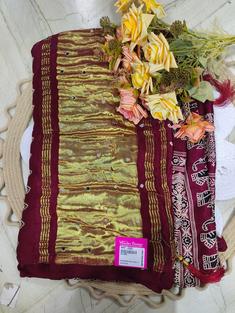 Royal Maroon Gajji Silk Saree with Golden Zari and Elephant Border