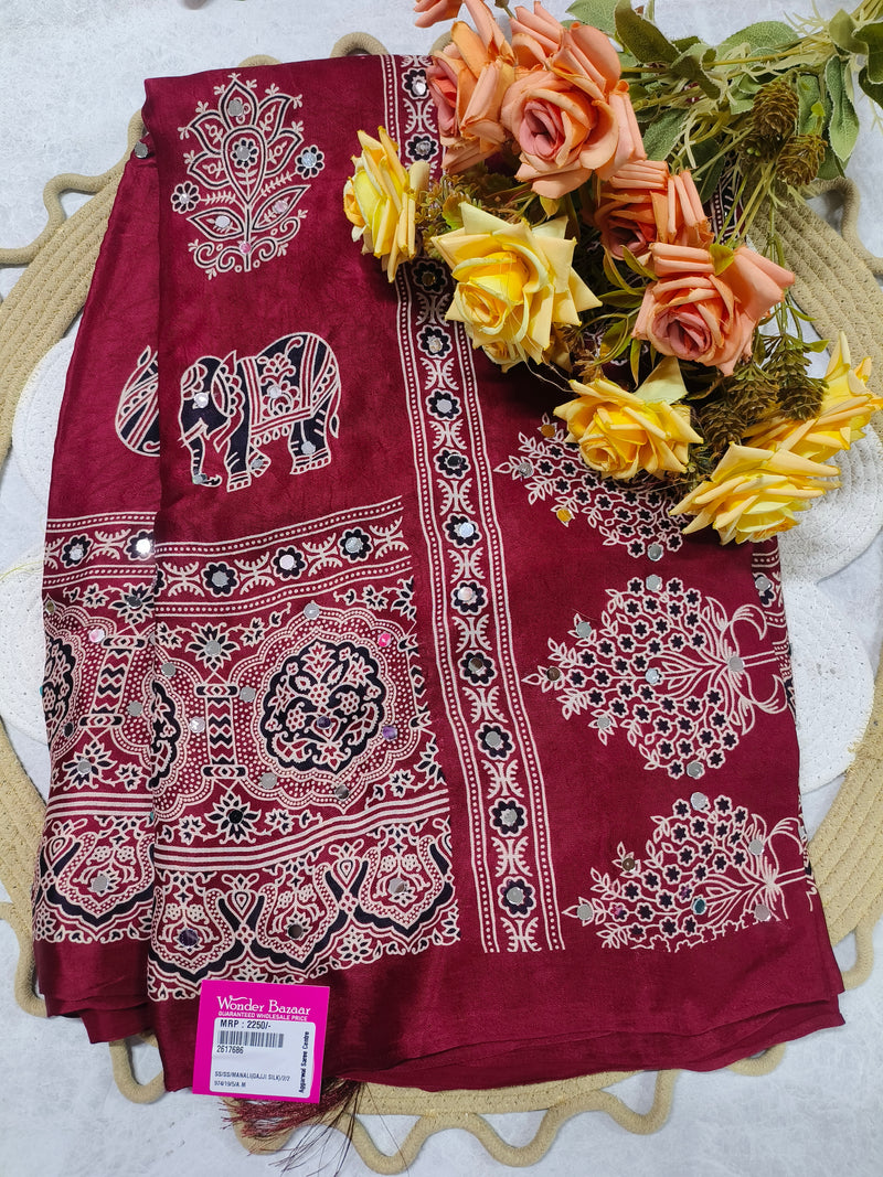 Royal Maroon Gajji Silk Saree with Golden Zari and Elephant Border