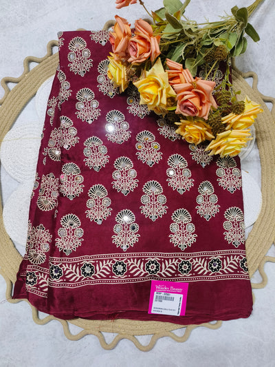 Classic Maroon Gajji Silk Saree with White Floral Bootie and Mirror Work