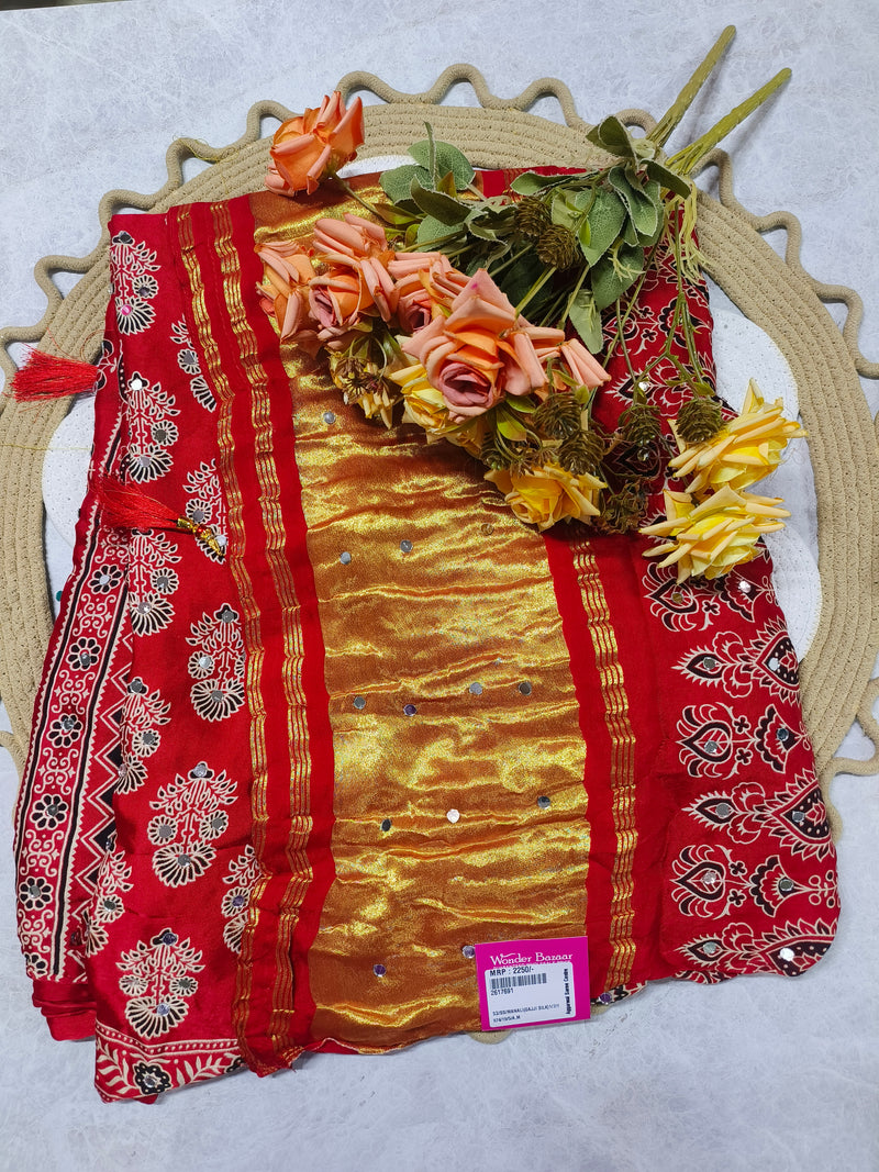 Classic Maroon Gajji Silk Saree with White Floral Bootie and Mirror Work