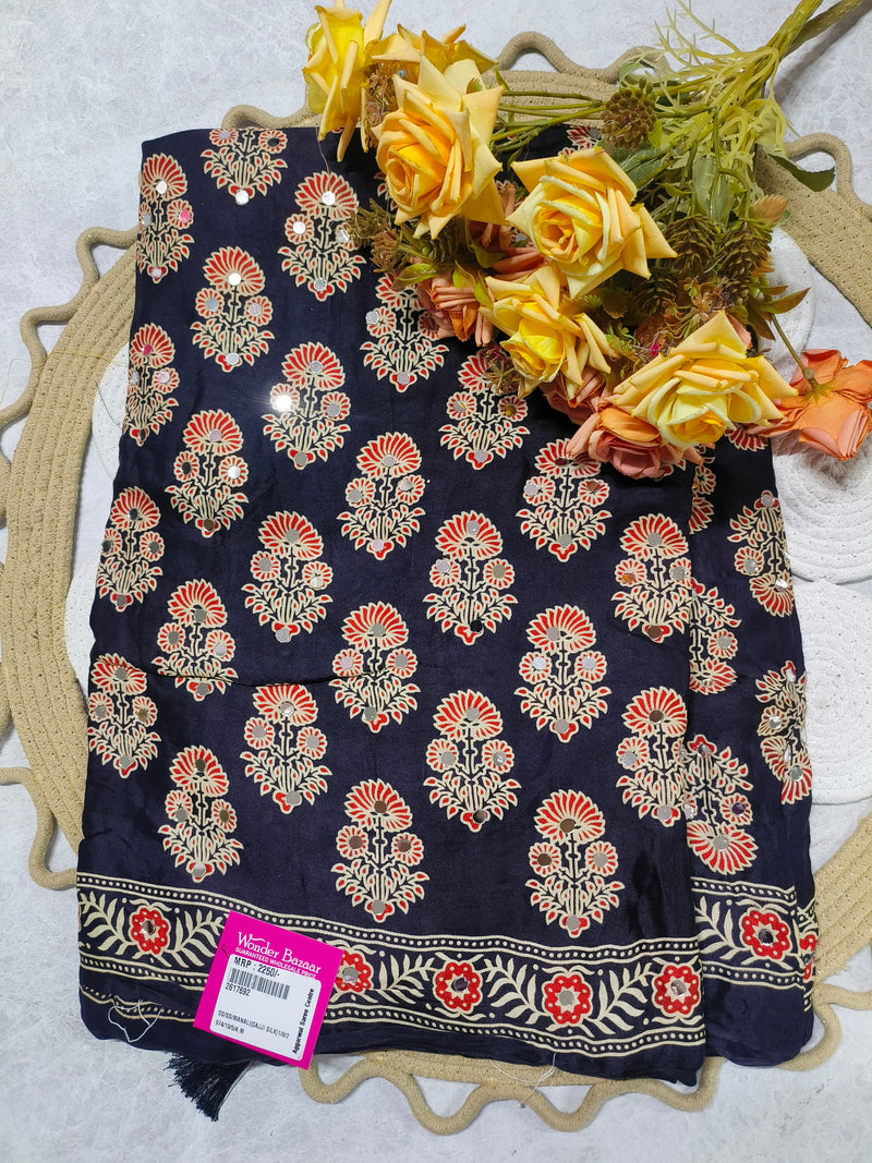 Classic Maroon Gajji Silk Saree with White Floral Bootie and Mirror Work