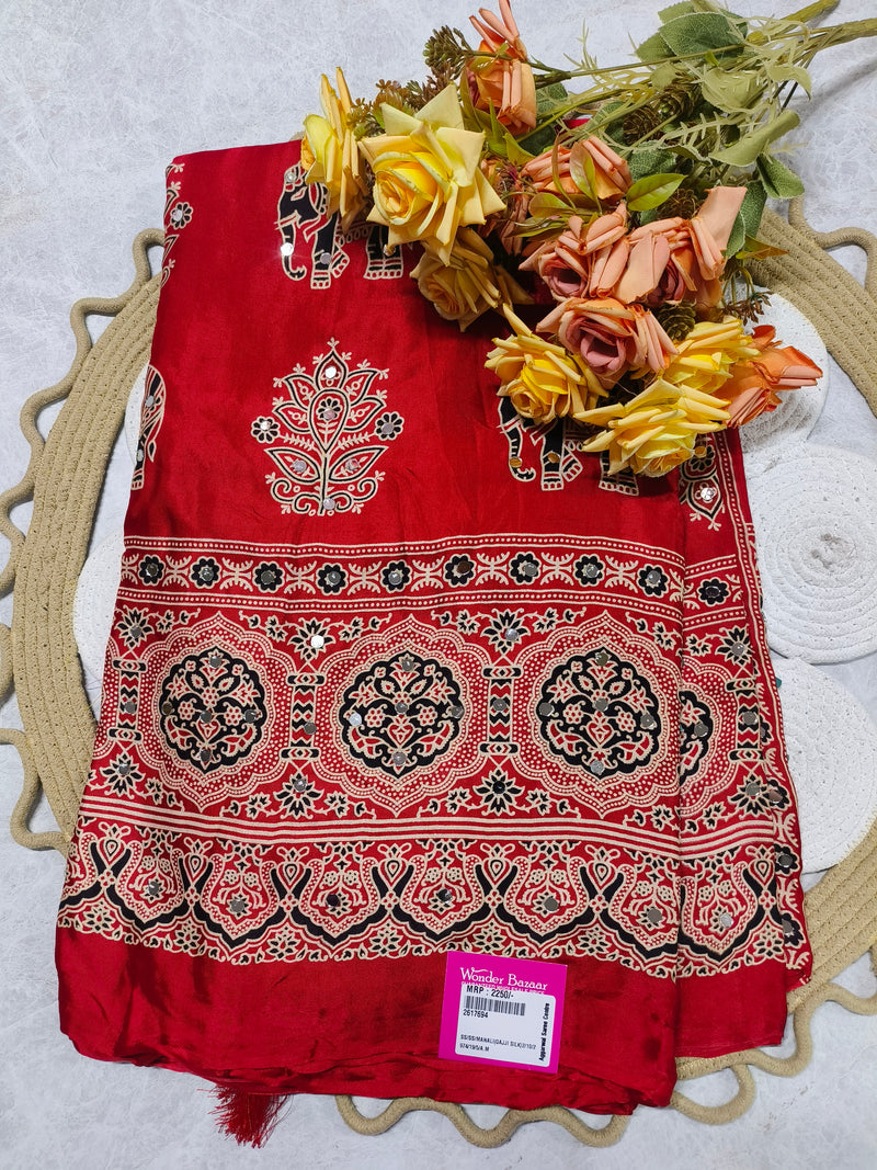 Vibrant Red Gajji Silk Saree with Ethnic Border and Mirror Work