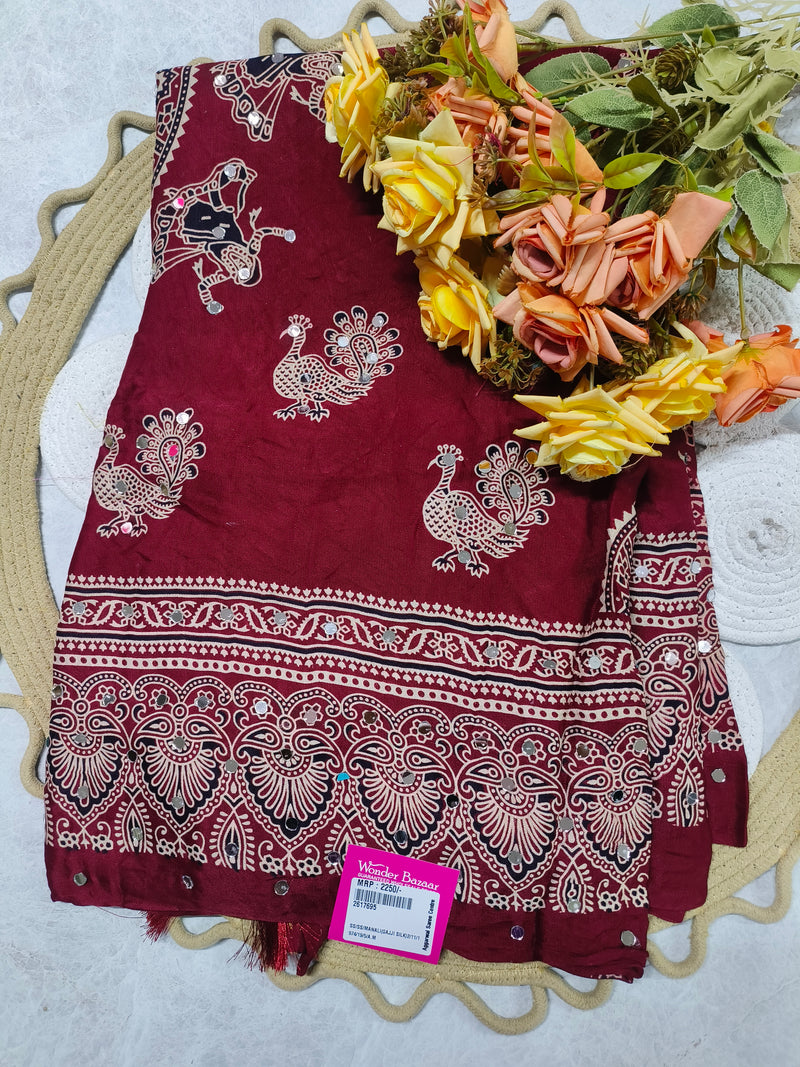 Vibrant Red Gajji Silk Saree with Ethnic Border and Mirror Work