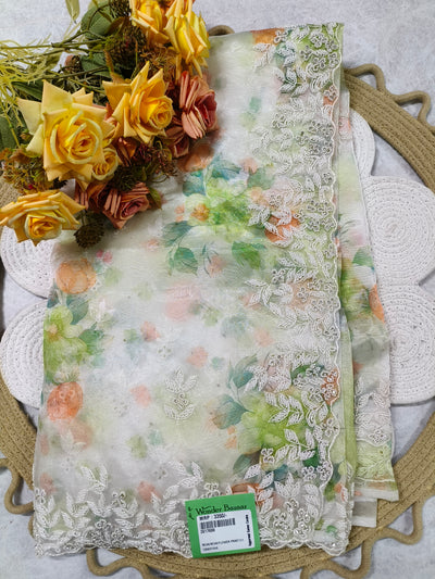 Graceful White Floral Organza Saree with Intricate Pearl and Lace Borders