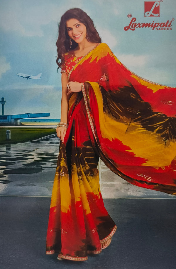 Bold Red and Yellow Abstract Print Laxmipati Georgette Saree