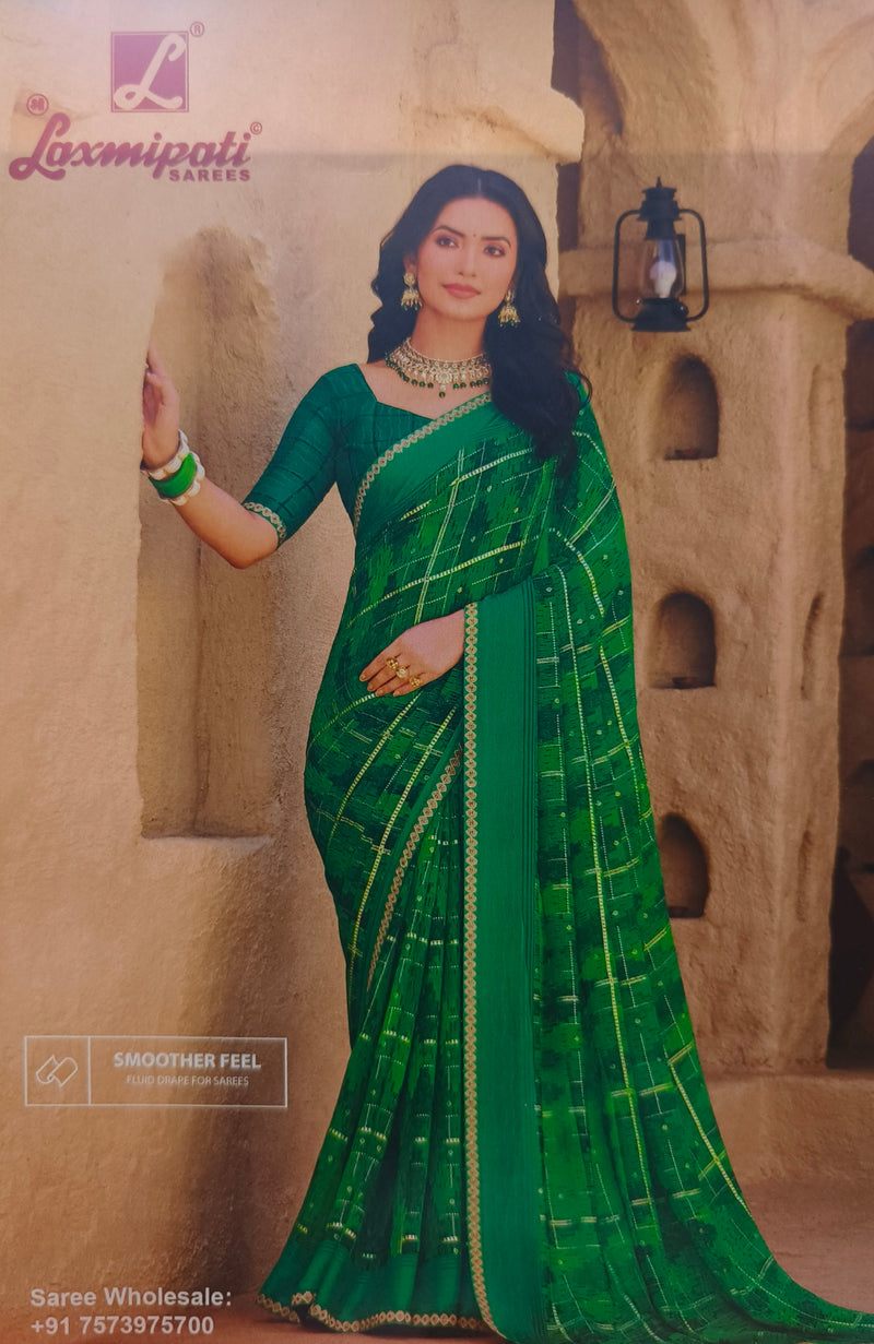 Emerald Green Checkered Smoother-Feel Laxmipati Saree