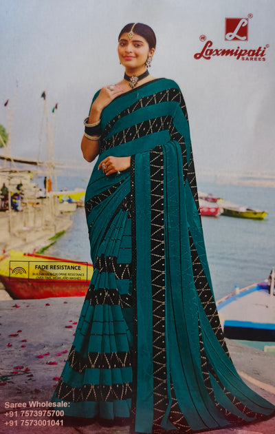 Teal and Black Geometric Fade-Resistant Laxmipati Saree