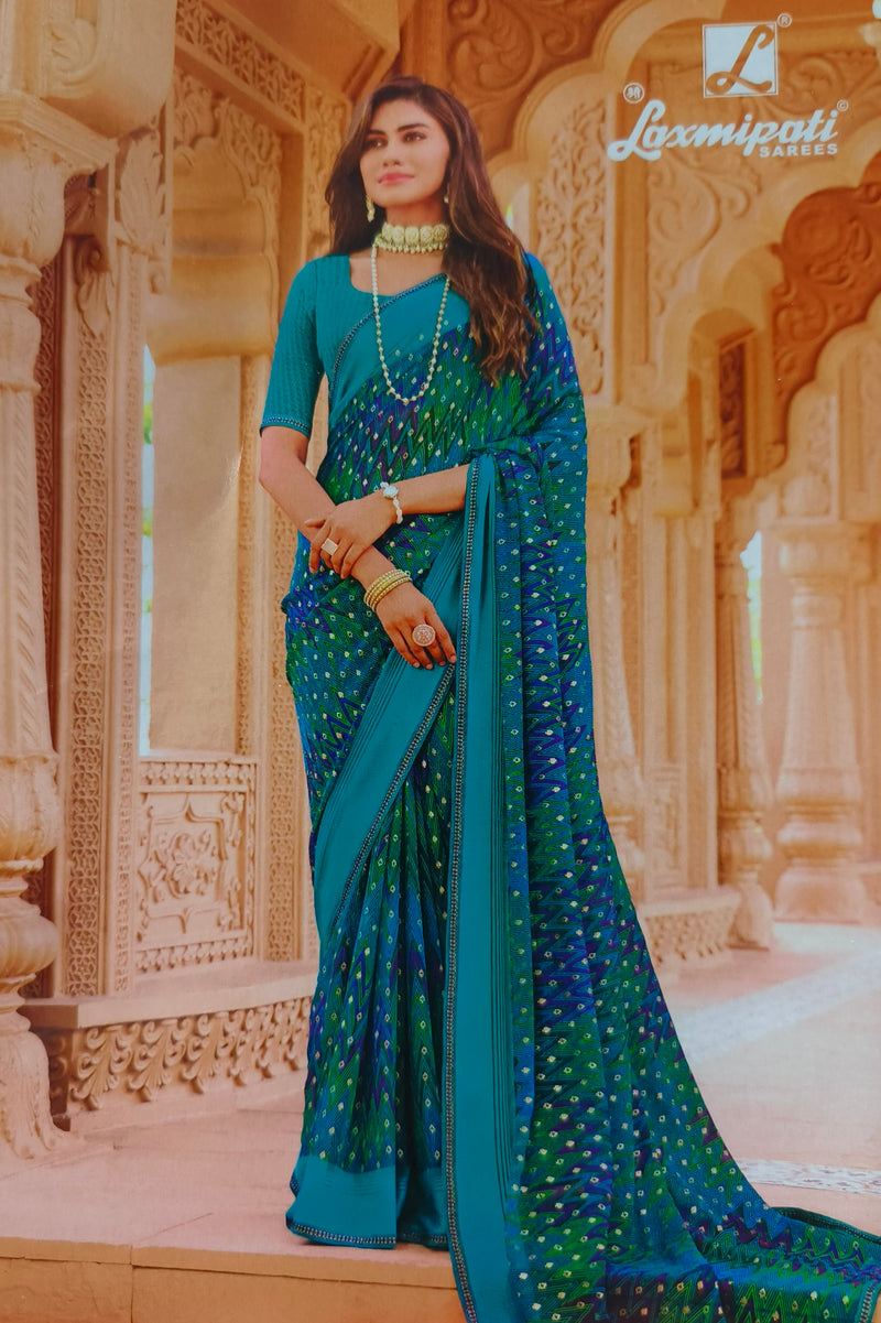 Ocean Blue and Emerald Zig-Zag Laxmipati Silk-Finish Saree