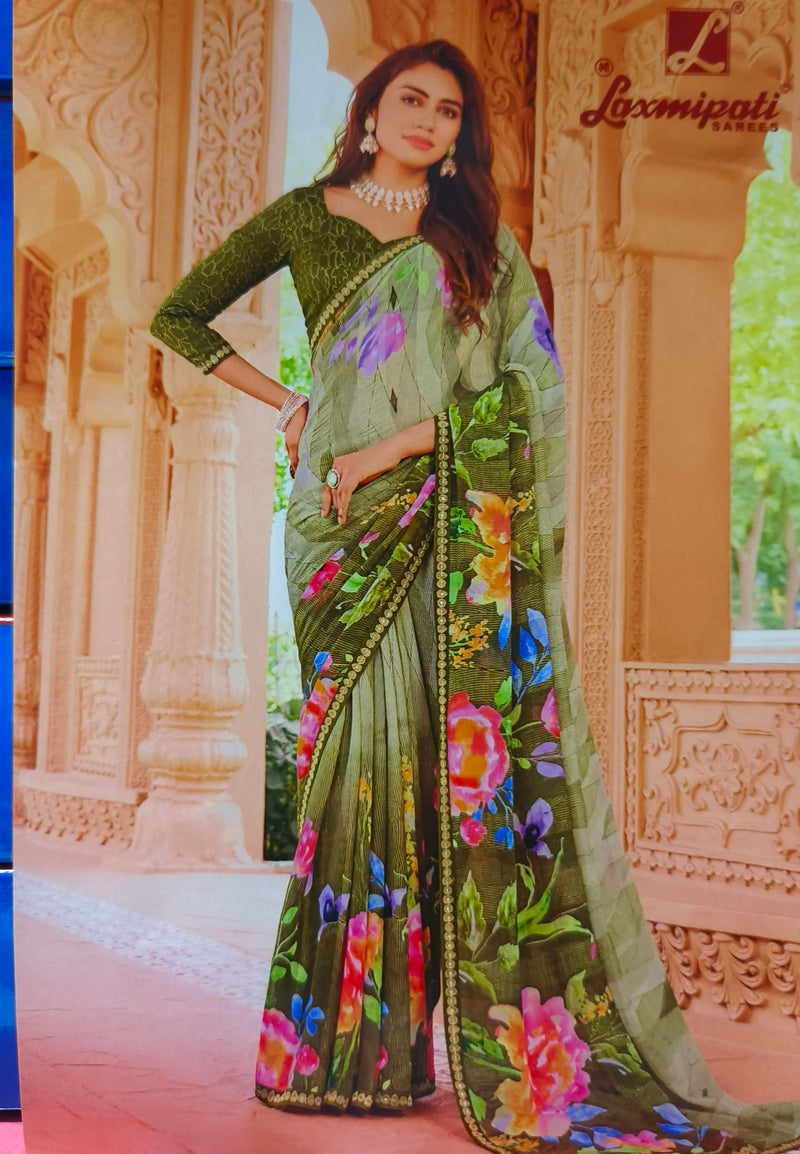 Olive Green Garden Bloom Floral Print Saree with Gold Sequin Border