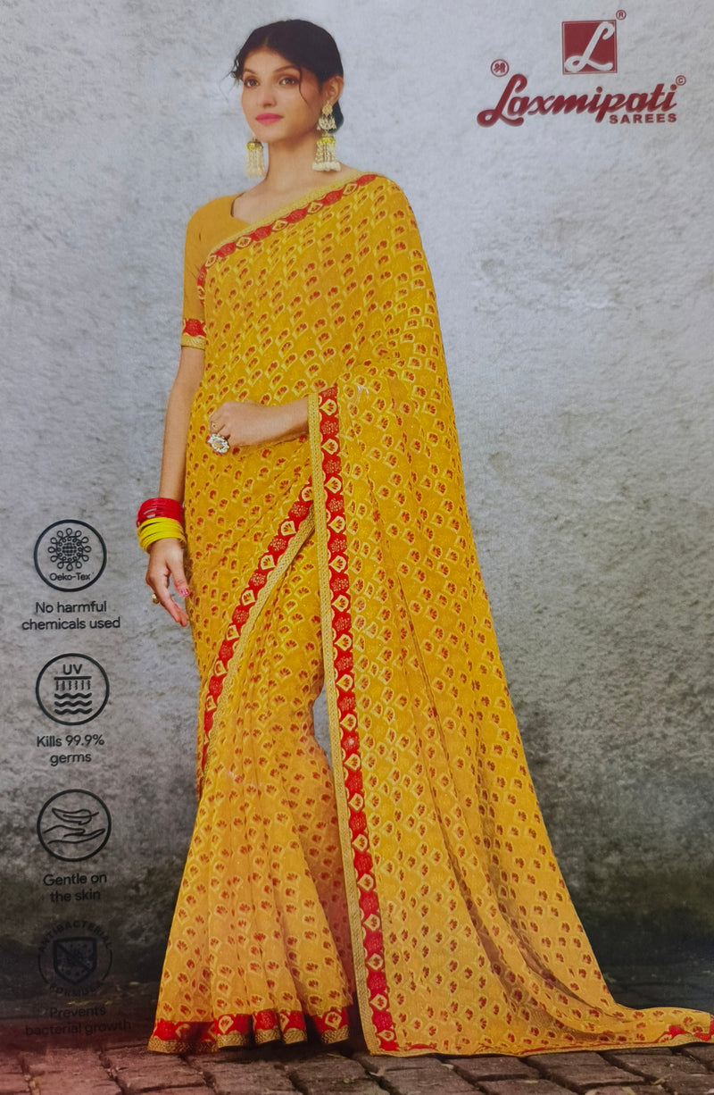 Sunshine Yellow Bandhani-Inspired Saree with Ornate Red Border