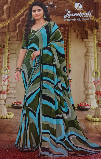 Artistic Teal and Forest Green Abstract Swirl Print Saree