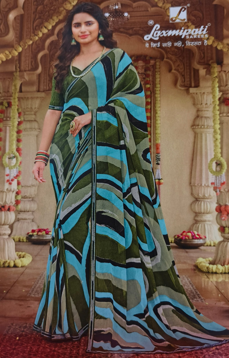 Artistic Teal and Forest Green Abstract Swirl Print Saree