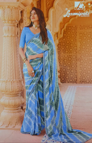 Azure Blue & Slate Grey Wavy Print Laxmipati Chiffon Saree