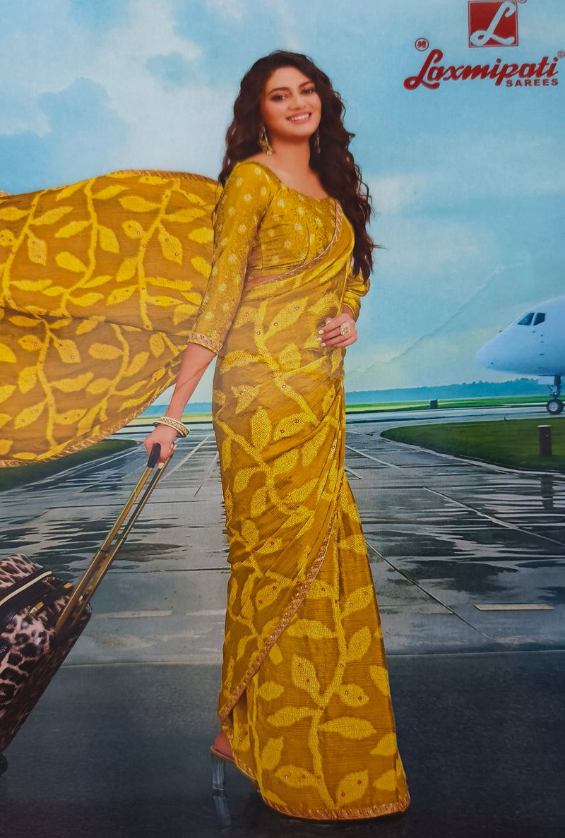 Radiant Mustard Yellow Leaf Motif Georgette Saree with Shimmer Finish